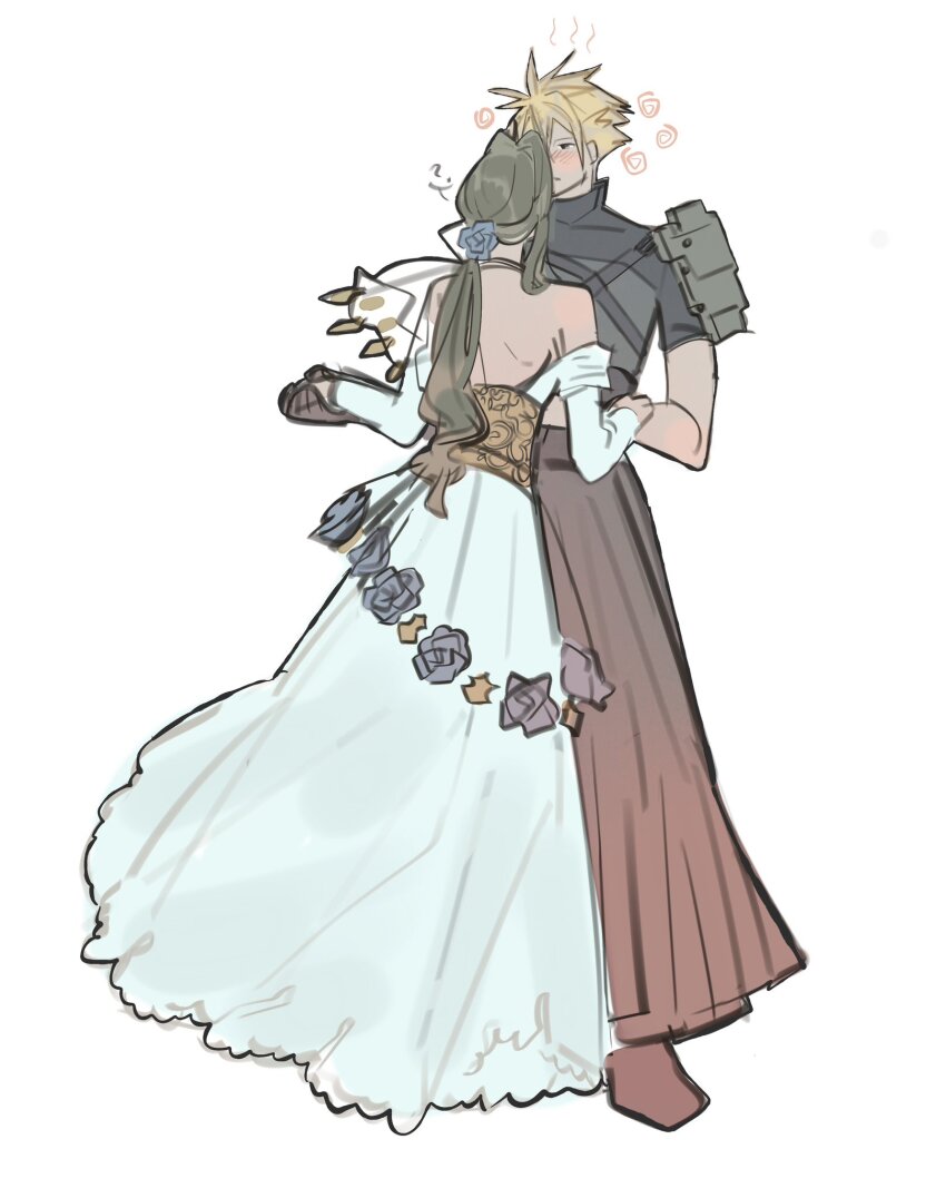 1boy 1girl ? aerith_gainsborough aerith_gainsborough_(prism_dress) armor black_footwear black_gloves blonde_hair blue_flower blue_rose blush boots brown_hair cloud_strife cloud_strife_(murasame) couple detached_sleeves dress dress_flower final_fantasy final_fantasy_vii final_fantasy_vii_ever_crisis flower full_body gloves gold_trim hetero highres holding_hands japanese_armor japanese_clothes long_dress long_hair low_ponytail mmmckayyy multiple_swords official_alternate_costume parted_bangs ponytail rose see-through_clothes see-through_sleeves short_hair shoulder_armor sidelocks single_bare_shoulder single_shoulder_pad spiked_hair white_background white_dress white_sleeves