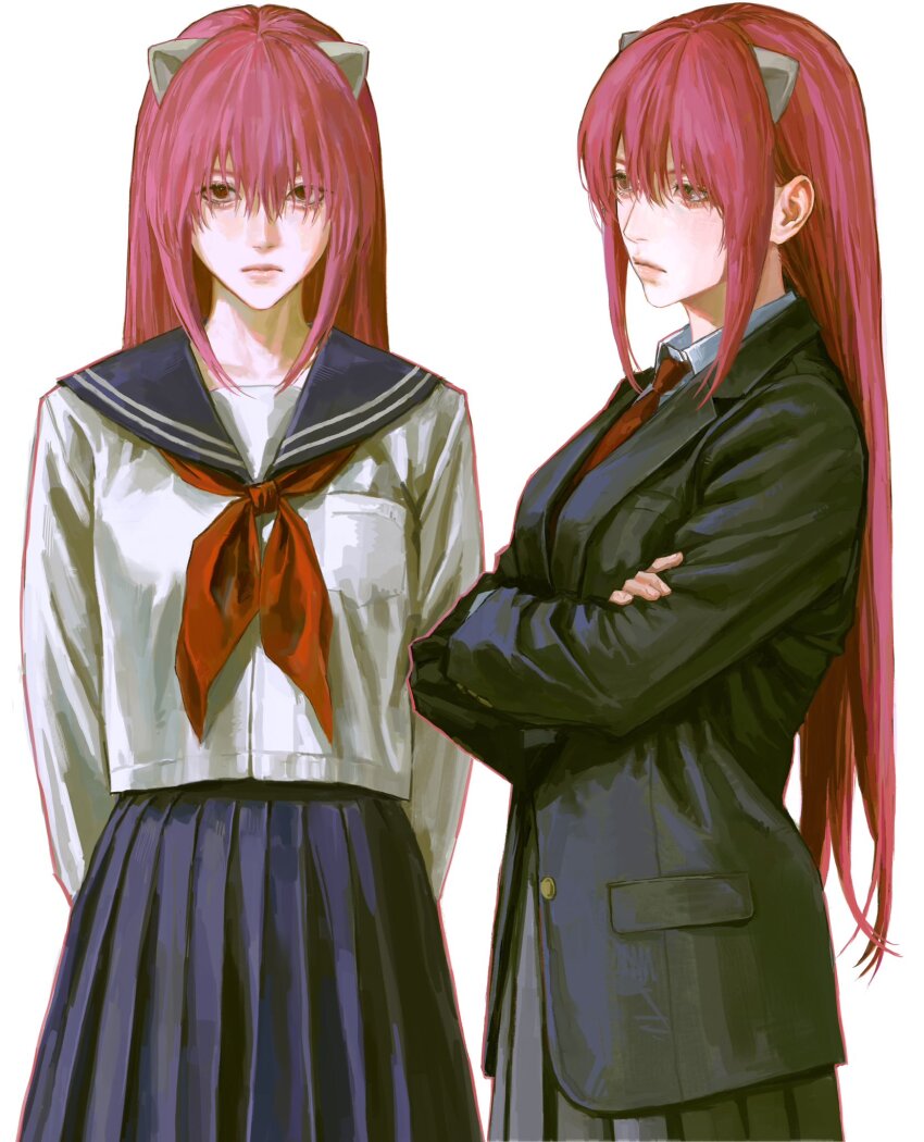 1girl blue_sailor_collar blush breasts elfen_lied highres long_hair long_sleeves lucy_(elfen_lied) medium_breasts nk_6fal pink_hair pleated_skirt red_eyes red_hair sailor_collar school_uniform serafuku shirt simple_background skirt solo upper_body very_long_hair white_background white_shirt