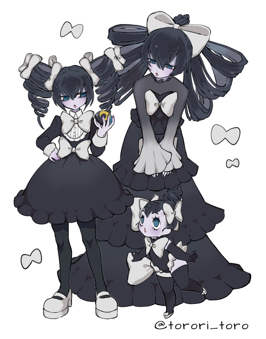 3girls absurdres artist_name bell_sleeves bib_collar black_dress black_gloves black_hair black_leotard black_shirt black_skirt black_thighhighs blue_eyes bow child detached_collar dress drill_hair elbow_gloves evolutionary_line footwear_bow frilled_dress frilled_skirt frilled_sleeves frills gen_5_pokemon gloves gothita gothitelle gothorita gradient_clothes gradient_sleeves hair_between_eyes hair_bow hair_bun hair_rings hand_on_own_hip hand_up highres holding holding_poke_ball large_bow leaning_forward leotard long_dress long_hair looking_at_object mary_janes moon_ball multiple_girls nintendo pale_skin platform_shoes poke_ball pokemon puffy_dress shirt shoes short_hair signature simple_background skirt sleeve_cuffs sleeves_past_wrists standing standing_on_one_leg thighhighs torori_toro_(oimo_kenpi) train_(clothing) twin_drills twintails twitter_username v_arms very_short_hair white_background white_bow white_shoes