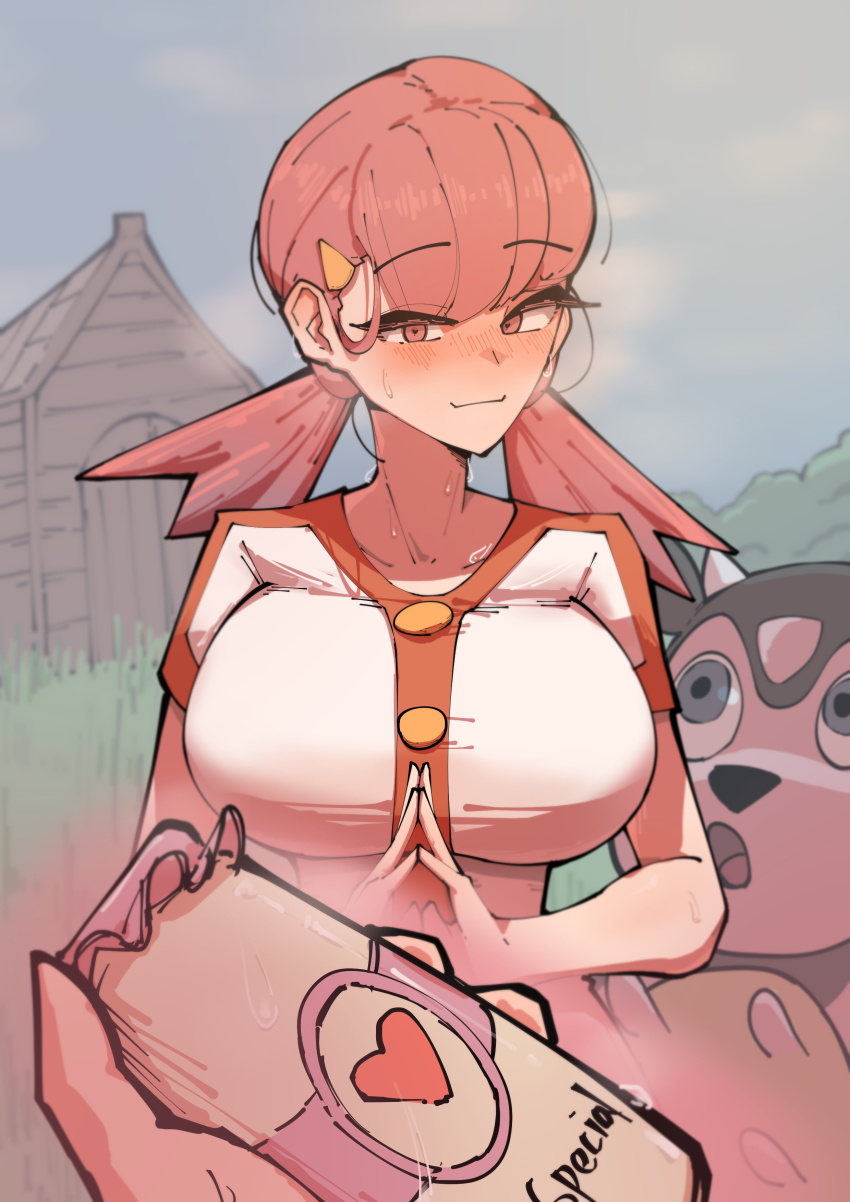 1girl absurdres animal_ears animal_nose azz0422 blue_eyes blush bottle breasts buttons colored_skin cone_horns gen_2_pokemon hair_ornament hairclip heart heart-shaped_pupils heart_print highres holding holding_bottle horns large_breasts looking_at_viewer loose_hair_strand milk milk_bottle miltank nintendo open_mouth out_of_frame own_hands_together pink_eyes pink_hair pink_skin pokemon pokemon_(creature) pokemon_hgss pov shed shirt short_sleeves smile steepled_fingers sweat sweatdrop symbol-shaped_pupils twintails white_shirt whitney_(pokemon)