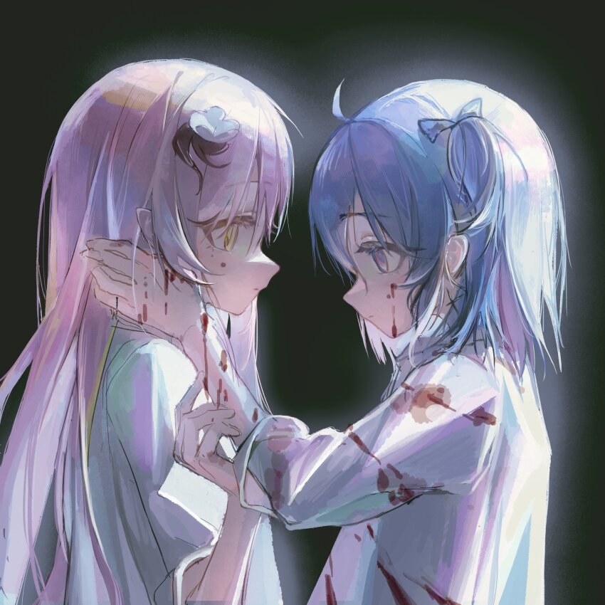 2girls ahoge black_background blood blood_on_clothes blood_on_face blood_on_hands blue_bow blue_hair bow hair_bow hair_ornament hand_on_another&#039;s_neck highres long_hair long_sleeves medium_hair multiple_girls original pink_eyes pink_hair shirt short_sleeves two_side_up upper_body white_shirt wusubamineko yellow_eyes