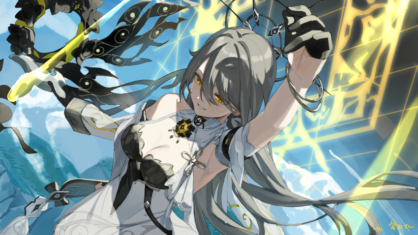 1girl absurdres black_gloves breasts commentary_request commission dress from_above gloves grey_hair hair_between_eyes half_gloves highres honkai_(series) honkai_impact_3rd large_breasts long_hair looking_ahead official_alternate_costume parted_lips pixiv_commission roena smile solo very_long_hair vita_(eldritch_vantage)_(honkai_impact) vita_(honkai_impact) white_dress yellow_eyes