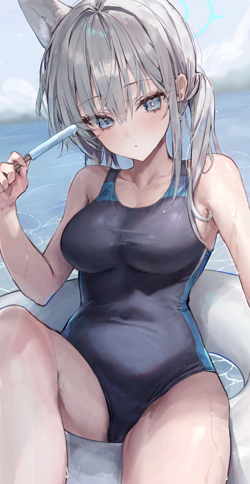 1girl absurdres animal_ears blue_archive blue_eyes breasts bright_pupils collarbone covered_navel cross_hair_ornament food grey_hair hair_ornament highres holding holding_food holding_popsicle kabi_(zcwd8845) looking_at_viewer medium_breasts official_alternate_costume outdoors popsicle shiroko_(blue_archive) shiroko_(swimsuit)_(blue_archive) sitting solo thighs wet wet_hair white_pupils