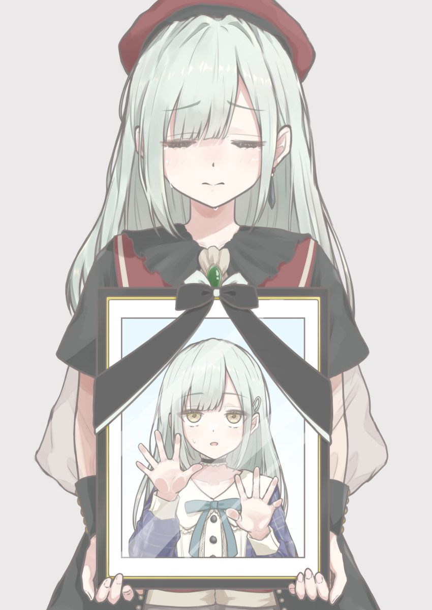 2girls absurdres against_glass bang_dream! bang_dream!_it&#039;s_mygo!!!!! beret black_choker blue_dress blunt_bangs blush choker collarbone commentary cowboy_shot crying dress dual_persona green_hair green_ribbon grey_background hand_on_glass hat highres holding holding_picture_frame iei long_hair long_sleeves mortis_(bang_dream!) mortis_(costume)_(bang_dream!) mortis_(persona)_(bang_dream!) mourning multiple_girls neck_ribbon parted_lips picture_frame plaid_clothes plaid_dress raised_inner_eyebrows red_hat ribbon short_sleeves sidelocks simple_background wakaba_mutsumi yellow_eyes zacuro