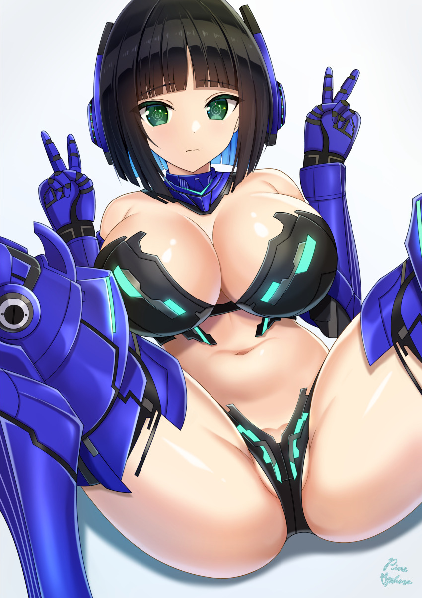 1girl absurdres armor armored_boots armpit_crease artist_name bare_shoulders bikini bikini_armor black_hair blunt_bangs blunt_tresses boots breasts cleavage closed_mouth crosshair crosshair_pupils detached_collar dolphin_wave double_v eines_(dolphin_wave) gauntlets green_eyes grey_background groin groin_tendon highres huge_breasts joints large_breasts m_legs mecha_musume mechanical_arms mechanical_legs mechabare navel partially_visible_vulva pinesphere robot_joints shiny_skin short_hair signature simple_background solo spread_legs stomach swimsuit v