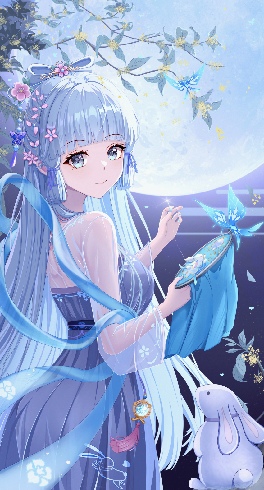 1girl absurdres alternate_costume alternate_hairstyle ayaka_(genshin_impact) blue_eyes blue_hair blunt_bangs bow-shaped_hair branch bug butterfly chinese_clothes chinese_commentary commentary_request cryo_symbol_(genshin_impact) crystalfly_(genshin_impact) dress embroidery_hoop flower full_moon genshin_impact gradient_eyes grey_eyes hair_flower hair_ornament hair_ribbon hand_fan hanfu highres holding holding_fan insect long_hair long_sleeves looking_at_viewer moon multicolored_eyes night night_sky osmanthus qixiong_ruqun rabbit ribbon see-through_clothes shawl sidelocks sky smile solo star_(sky) tassel vision_(genshin_impact) zhui_ming_ying_xue