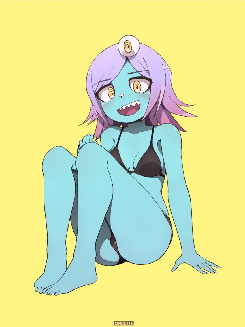 1girl ass bad_id bad_twitter_id bare_arms bare_legs blue_skin blush breasts colored_skin commission female_focus full_body highres looking_at_viewer medium_hair midori_(uchuu_patrol_luluco) multicolored_hair once_11h open_mouth purple_hair sitting small_breasts smile solo teeth two-tone_hair uchuu_patrol_luluco upper_teeth_only yellow_eyes