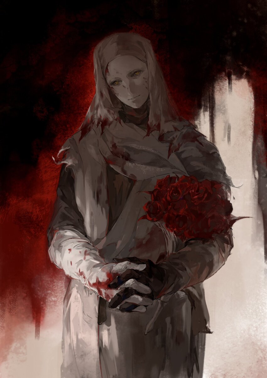 1boy blood blood_on_clothes bouquet brown_eyes commentary covered_face cowboy_shot elden_ring english_commentary flower head_tilt highres holding holding_bouquet horror_(theme) looking_ahead looking_at_viewer male_focus own_hands_clasped own_hands_together red_flower red_rose robe rose simple_background solo standing white-faced_varre white_mask white_robe yayaziiii