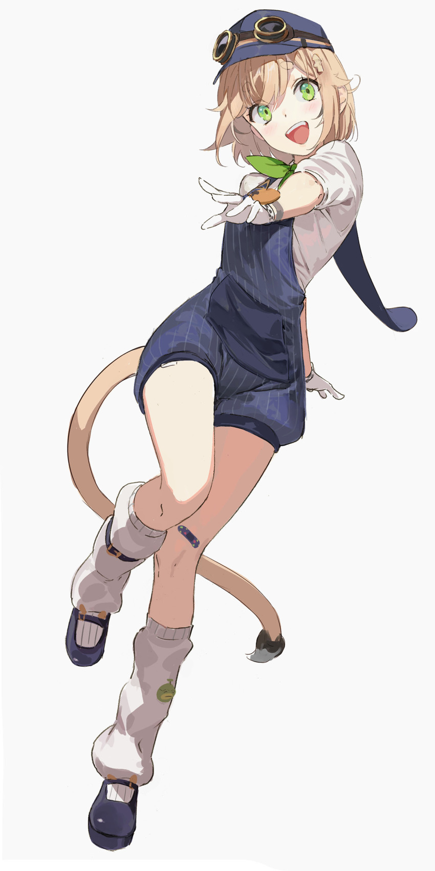 1girl :d absurdres arm_behind_back bandaid bandaid_on_knee bandaid_on_leg blonde_hair blue_hat blue_overalls blue_shoes blush dooby_(vtuber) foreshortening full_body gloves goggles goggles_on_headwear green_eyes green_neckerchief hair_ornament hat highres hikimayu indie_virtual_youtuber kippu_(dooby) kneehighs leg_up legs loose_socks mary_janes mouse_girl mouse_tail multicolored_hair neckerchief open_mouth overall_shorts overalls pako_(pakosun) pinstripe_pattern pocket shin_strap shoes short_eyebrows short_hair short_sleeves simple_background smile socks solo tail teeth thick_eyebrows thighs upper_teeth_only virtual_youtuber white_background white_gloves white_socks