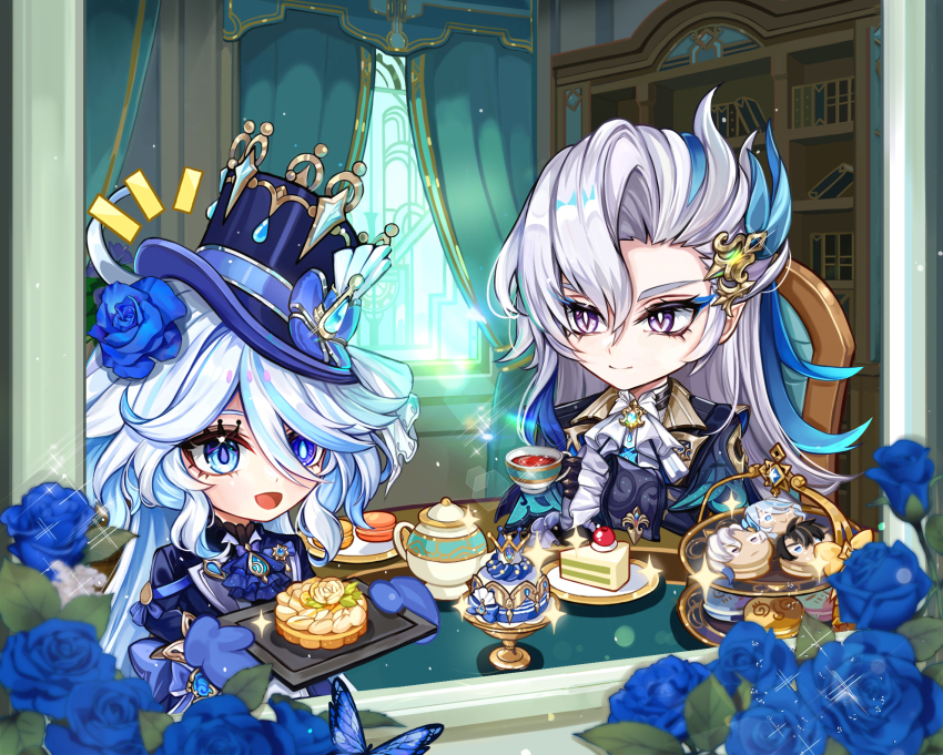 1boy 1girl ahoge blue_eyes blue_flower blue_hair blue_hat blue_rose bookshelf cake chair closed_mouth cup curtains dessert feather_hair_ornament feathers flower food foodification furina_(genshin_impact) genshin_impact grey_eyes hair_flower hair_ornament hat highres indoors long_hair macaron multicolored_hair neuvillette_(genshin_impact) rose smile sparkle streaked_hair table teacup teapot top_hat very_long_hair veryslow_zzzpin white_hair wriothesley_(genshin_impact)
