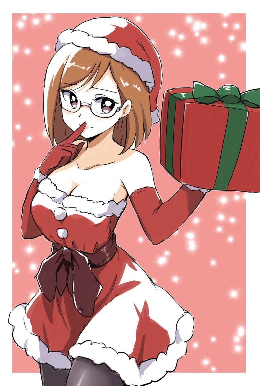 1girl bare_shoulders black-framed_eyewear black_pantyhose black_sash blunt_ends bob_cut breasts brown_hair christmas closed_mouth commentary cowboy_shot dress elbow_gloves finger_to_mouth fur-trimmed_dress fur_trim gift gloves hat highres holding holding_gift looking_at_viewer medium_breasts outside_border pantyhose pink_background precure purple_eyes red_dress red_gloves red_hat sakuragawa_saki santa_gloves santa_hat sash semi-rimless_eyewear short_dress short_hair shushing smile solo standing strapless strapless_dress swept_bangs tropical-rouge!_precure under-rim_eyewear uraki