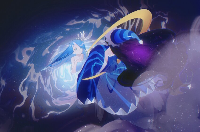 2girls blue_dress blue_eyes blue_hair blue_hat cookie_run cookie_run:_ovenbreak coral_hair_ornament dress fog glitter gradient_clothes gradient_hair hair_ornament hat highres humanization light_blue_hair liquid_clothes long_hair looking_at_another moonlight_cookie multicolored_hair multiple_girls on_crescent patterned_clothing pointy_hat purple_hair sea_fairy_cookie senlly_2507 smoke striped_clothes striped_headwear water water_dress waves wavy_hair yuri