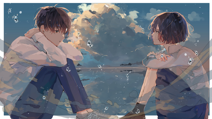 1boy 1girl absurdres amatsuki_(utaite) blue_pants blue_skirt blue_sky brown_eyes brown_footwear brown_hair brown_legwear character_request closed_mouth cloud commentary_request crossed_arms full_body hagimorijia highres horizon indie_utaite long_sleeves looking_at_another niconico ocean pants parted_lips school_uniform shirt short_hair sitting skirt sky socks utaite water_drop white_shirt