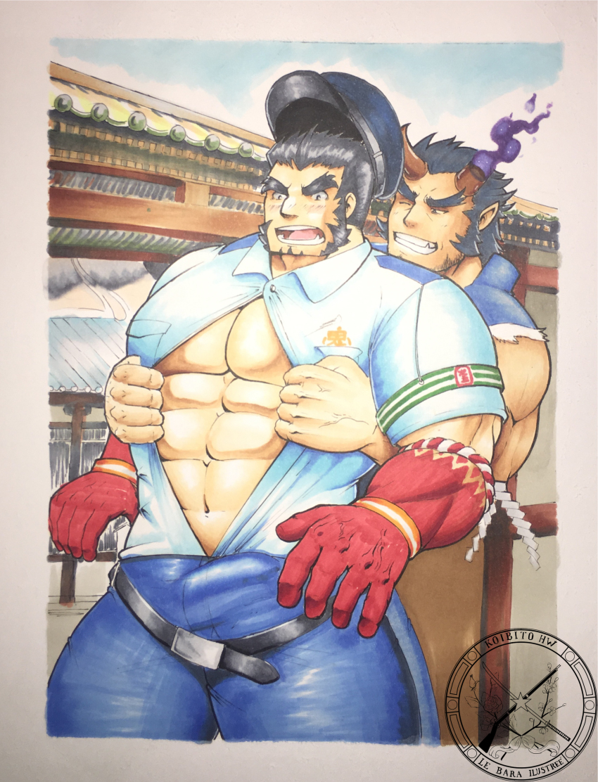 abs absurdres bara blue_hair blush bulge colored_pencil_(medium) colored_skin dark_blue_hair demon_boy erection erection_under_clothes facial_hair forked_eyebrows gradient_skin grin highres large_pectorals long_sideburns male_focus mature_male muscular muscular_male mutton_chops osuuchibara_(koibitohw1912) pectoral_cleavage pectorals photo_(medium) police police_uniform policeman red_skin sexual_harassment short_hair sideburns smile strongman_waist tajikarao_(housamo) takemaru_(housamo) thick_eyebrows tokyo_houkago_summoners traditional_media tusks undressing_another yaoi