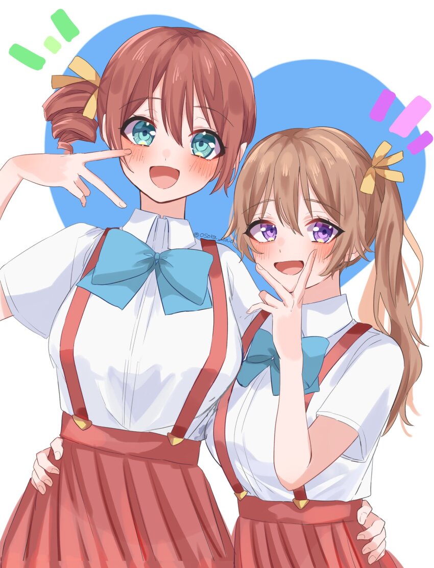 2girls :d aqua_eyes arm_around_waist blue_bow blue_bowtie blush bow bowtie breasts brown_hair collared_shirt commentary drill_hair emma_verde hair_between_eyes hair_ribbon hand_on_another&#039;s_waist heart height_difference highres konoe_kanata large_breasts light_brown_hair long_hair looking_at_viewer love_live! love_live!_nijigasaki_high_school_idol_club matching_outfits multiple_girls open_mouth osora_dao pleated_skirt purple_eyes red_skirt ribbon shirt short_sleeves side_drill side_ponytail skirt smile standing suspender_skirt suspenders twitter_username upper_body v v_over_mouth white_background white_shirt