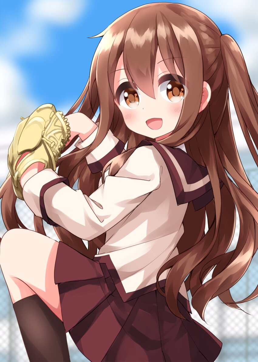 1girl :d baseball_glove blurry blurry_background blush brown_eyes brown_hair brown_socks commentary_request day hair_between_eyes hands_up highres kneehighs leg_up long_hair long_sleeves looking_at_viewer open_mouth outdoors pitching pleated_skirt red_sailor_collar red_skirt ruu_(tksymkw) sailor_collar school_uniform serafuku shirt skirt smile socks solo takeda_yomi tamayomi white_shirt