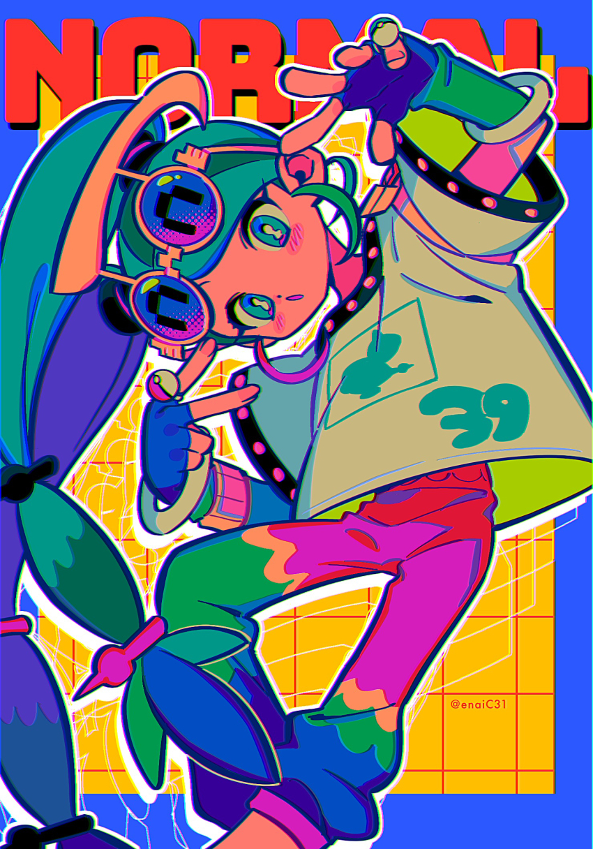 1girl 39 :o aqua_eyes aqua_hair arms_up artist_name blue_gloves commentary creatures_(company) english_text eyewear_on_head feet_out_of_frame fingerless_gloves game_freak gloves hatsune_miku highres long_hair looking_at_viewer menma_(enaic31) nintendo normal_miku_(project_voltage) open_mouth pants pokemon print_shirt project_voltage red_pants shirt solo t-shirt twintails twitter_username v very_long_hair vocaloid