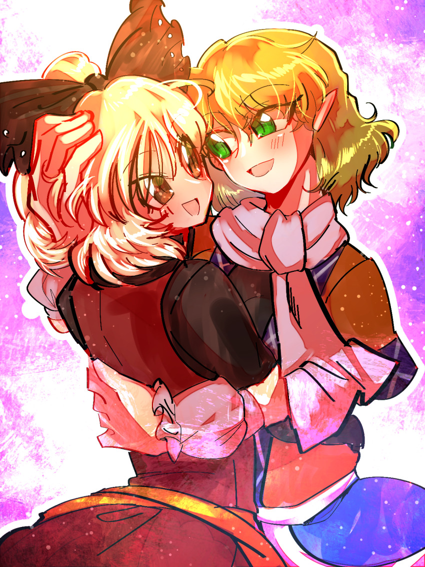 2girls black_bow black_shirt blonde_hair blush bow brown_dress brown_eyes brown_shirt commentary_request cowboy_shot dress green_eyes hair_bow hand_on_another&#039;s_head highres hug kurodani_yamame long_sleeves looking_at_another mizuhashi_parsee multiple_girls open_mouth pinafore_dress pointy_ears purple_background scarf shippuu_jinnari shirt short_hair short_sleeves sleeveless sleeveless_dress smile touhou white_scarf yuri
