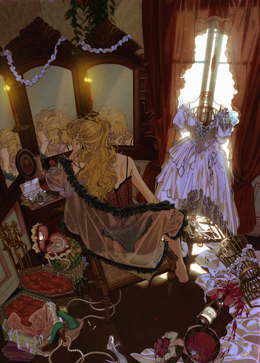 1girl absurdres alcohol blonde_hair bottle chair corset day dress frills fur-trimmed_jacket fur_trim gem high_heels highres holding holding_scissors indoors jacket jewelry long_hair mannequin mirror necklace original pearl_(gemstone) pearl_necklace reflection scissors see-through_clothes see-through_jacket sitting solo spill toktin_zq torn_clothes torn_dress white_dress wine wine_bottle
