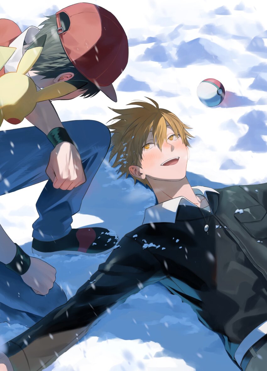 1arutan 2boys arm_on_knee baseball_cap black_jacket blue_oak blue_pants blush breast_pocket brown_hair collared_jacket collared_shirt commentary_request denim gen_1_pokemon hair_between_eyes hat highres jacket jeans kneeling layered_clothes long_sleeves looking_at_another lying male_focus multicolored_jacket multiple_boys multiple_wristbands nintendo on_back open_mouth orange_eyes orange_hair pants pikachu pocket poke_ball poke_ball_(basic) pokemon pokemon_(creature) pokemon_frlg pokemon_hgss red_(pokemon) red_hat shadow shirt shoes short_hair sideways_glance smile snow snowing teeth upper_teeth_only white_shirt wing_collar wristband yellow_fur