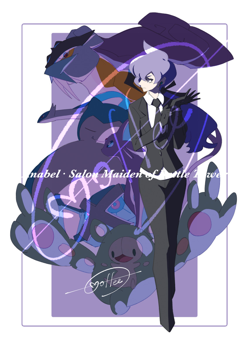 1girl absurdres adjusting_clothes adjusting_gloves anabel_(pokemon) black_gloves black_jacket black_necktie black_pants black_ribbon border buttons cccacademia character_name closed_mouth collared_shirt commentary_request earpiece espeon gen_1_pokemon gen_2_pokemon gen_3_pokemon gen_5_pokemon gloves hair_ribbon hands_up highres jacket latios legendary_pokemon long_hair long_sleeves looking_to_the_side metagross necktie nintendo pants pokemon pokemon_(creature) pokemon_sm purple_background purple_hair raikou reuniclus ribbon shirt signature snorlax white_border white_shirt