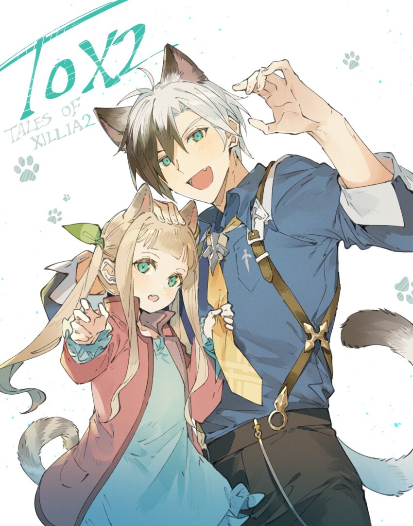 1boy 1girl animal_ears black_hair black_pants blonde_hair blue_shirt cat_boy cat_ears cat_girl cat_tail claw_pose collared_shirt commentary dress elle_mel_martha english_text green_dress green_eyes hand_on_another&#039;s_head harness highres holding_necktie jacket long_hair looking_at_viewer ludger_will_kresnik multicolored_hair necktie open_mouth pants pink_jacket shirt sidelocks simple_background sleeves_rolled_up smile symbol-only_commentary tail tales_of_(series) tales_of_xillia tales_of_xillia_2 twintails two-tone_hair white_background white_hair xing_20 yellow_necktie