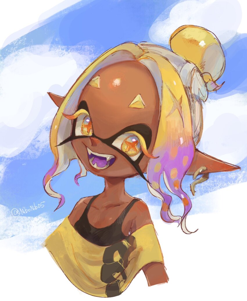 1girl black_sports_bra blonde_hair colored_eyelashes dark-skinned_female dark_skin fangs fish_hook frye_(splatoon) frye_(splatoon_raiders) highres inkling kaniboshi_358 long_eyelashes nintendo open_mouth pointy_ears shawl short_eyebrows solo splatoon_(series) splatoon_raiders sports_bra tentacle_hair yellow_eyes yellow_shawl