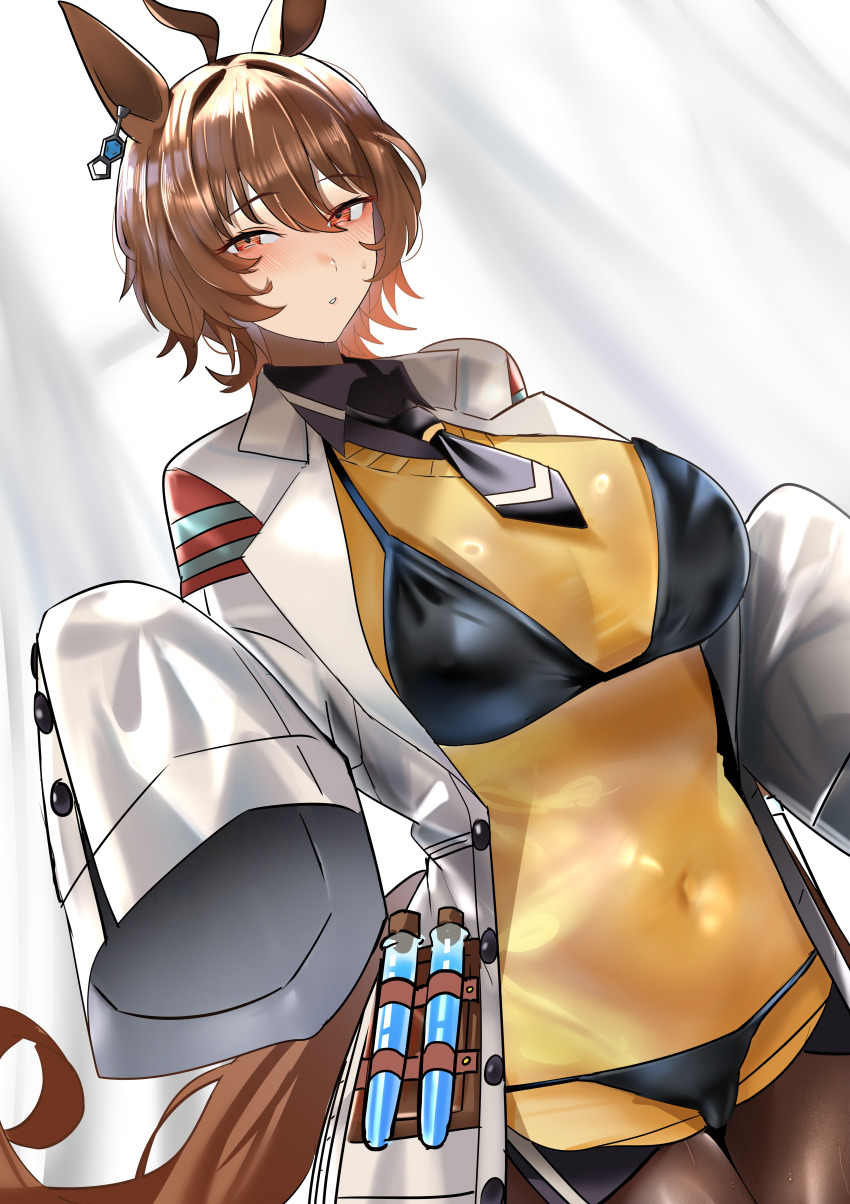 1girl absurdres agnes_tachyon_(umamusume) animal_ears bandolier belt bikini_over_clothes black_necktie black_pantyhose blurry blurry_background blush breasts brown_hair chemical_structure coat collared_shirt commentary_request covered_navel dutch_angle earrings hair_between_eyes highres horse_ears horse_girl horse_tail jewelry jitome_no_tsugumi lab_coat large_breasts messy_hair necktie open_clothes open_coat pantyhose red_eyes shirt short_hair single_earring sleeves_past_fingers sleeves_past_wrists solo sweater tail umamusume white_coat yellow_sweater
