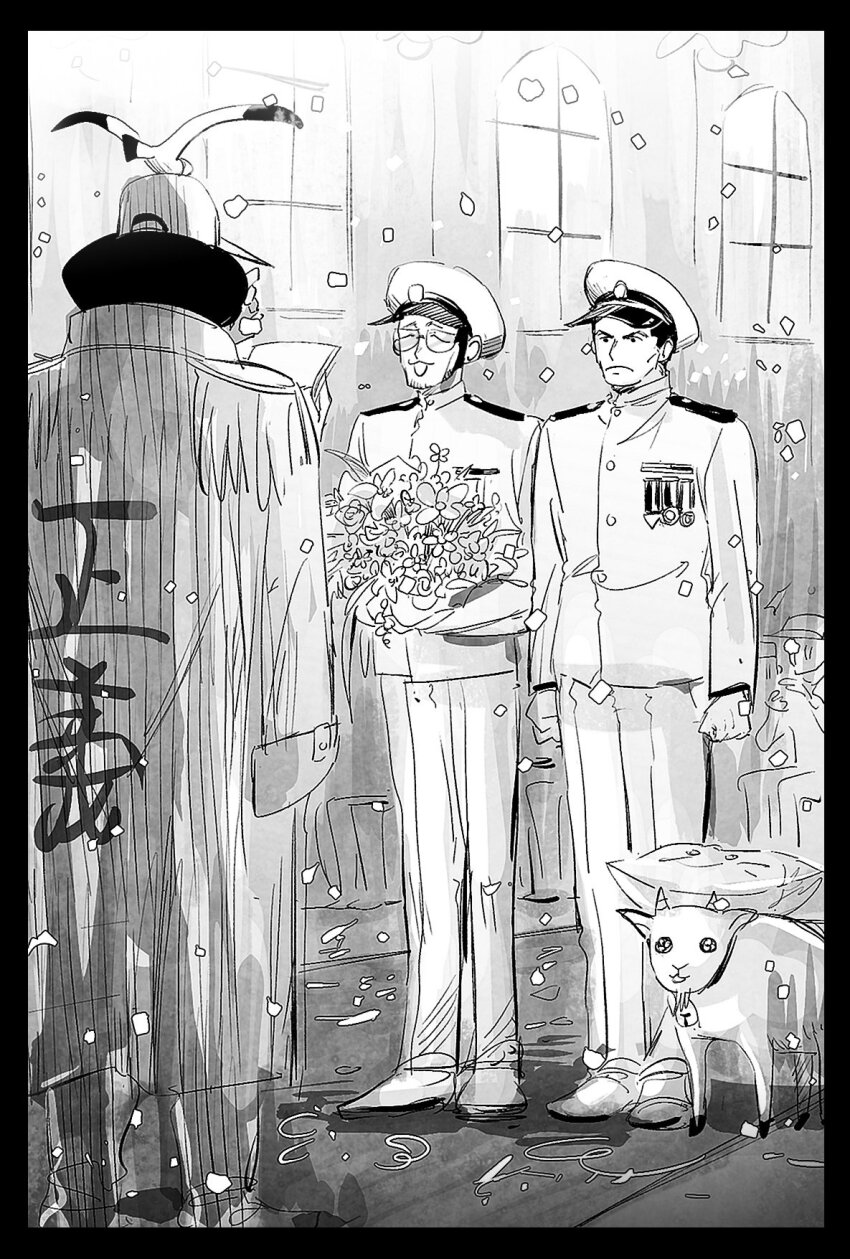 3boys 6cheetah borsalino_(kizaru) bouquet church couple facial_hair flower formal_clothes goat highres holding holding_bouquet husband_and_husband long_sideburns male_focus mature_male multiple_boys mustache_stubble one_piece pleading_eyes sakazuki_(akainu) sengoku_(one_piece) short_hair sideburns sparse_stubble stubble suit sunglasses wedding yaoi