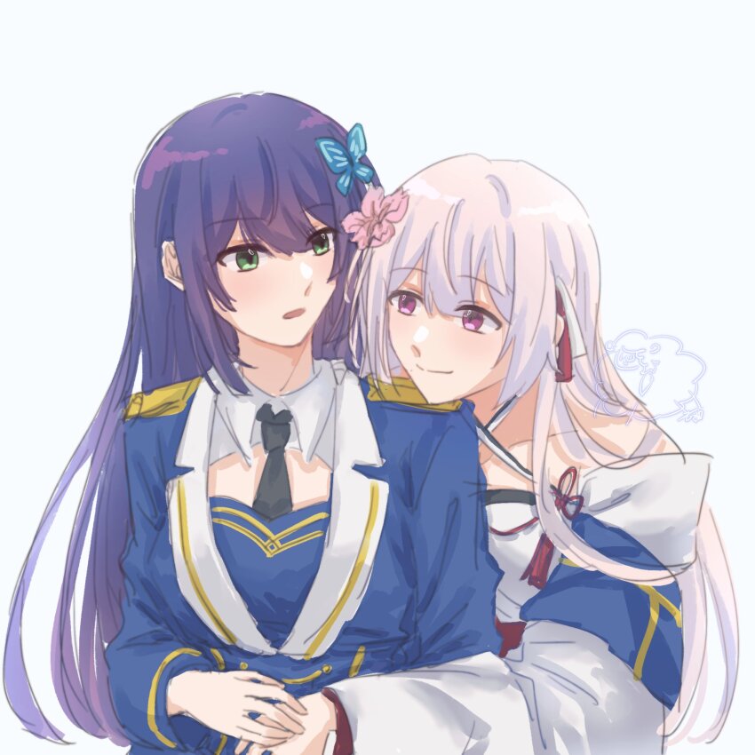 2girls artist_logo assault_lily bare_shoulders bing_bushi_ganmao_ling_z black_necktie blue_background blue_jacket blush breasts butterfly_hair_ornament chinese_commentary closed_mouth collarbone collared_shirt commentary_request criss-cross_halter detached_sleeves epaulettes flower flower_knot funada_kiito funada_ui green_eyes grey_hair hair_flower hair_ornament hair_ribbon halterneck hand_on_another&#039;s_hand hand_up head_on_another&#039;s_shoulder highres hug hug_from_behind jacket japanese_clothes kimono logo long_hair long_sleeves looking_at_another looking_to_the_side medium_breasts multiple_girls necktie parted_lips pink_flower purple_eyes purple_hair red_ribbon ribbon shirt siblings simple_background sisters upper_body white_kimono white_ribbon white_shirt