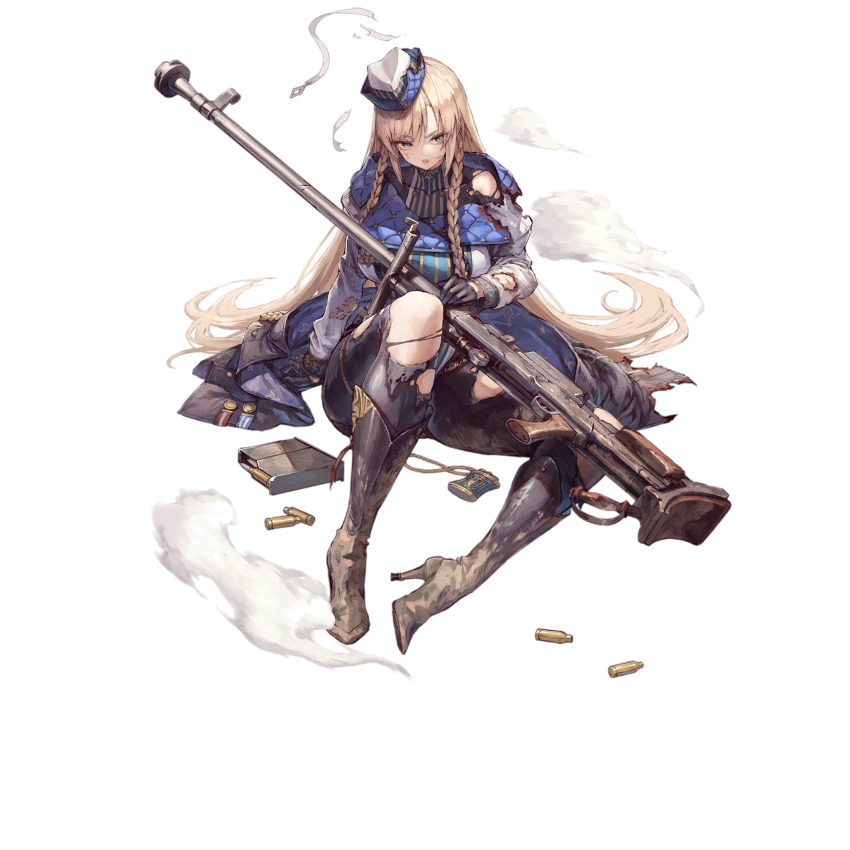 .55_boys 1girl ammunition anti-materiel_cartridge anti-materiel_rifle anti-tank_cartridge black_boots black_eyes black_gloves black_jacket black_pants blonde_hair blue_hat boots boys_(girls&#039;_frontline) boys_anti_tank_rifle braid clip_(weapon) dirty_footwear full_body girls&#039;_frontline gloves gun half_gloves hand_on_own_hip hat high_heel_boots high_heels highres holding holding_gun holding_weapon jacket jacket_on_shoulders knee_boots leotard long_hair long_sleeves looking_at_viewer medal multicolored_hat multicolored_leotard object_request official_art open_mouth pants puff_of_air rifle rifle_cartridge shell_casing simple_background sitting sniper_rifle solo striped_clothes striped_leotard suzuno_(bookshelf) third-party_source torn_clothes torn_hat torn_jacket torn_leotard torn_pants transparent_background twin_braids vertical-striped_clothes vertical-striped_leotard very_long_hair weapon white_hat white_leotard