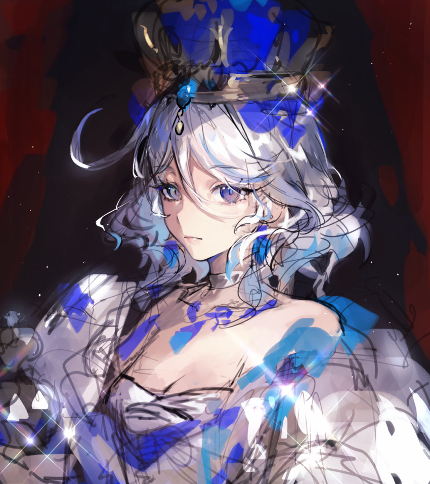1girl ahoge blue_eyes blue_hair blue_lips breasts cleavage closed_mouth crown expressionless furina_(genshin_impact) genshin_impact hair_between_eyes heterochromia highres light_particles medium_breasts multicolored_hair sidelocks simple_background sketch solo streaked_hair two-tone_hair upper_body xiangchizhubijin