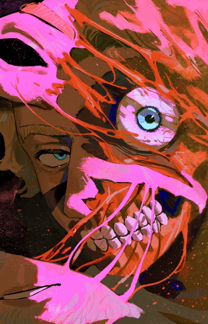 1boy a-kai202 blonde_hair blood blue_eyes body_horror curly_(mouthwashing) curly_(post-crash)_(mouthwashing) curly_(pre-crash)_(mouthwashing) disfigured exposed_muscle eyeball flayed_skin galaxy_background highres injury looking_at_viewer male_focus mouthwashing no_lips no_skin red_theme shaded_face skinned solo split_theme teeth