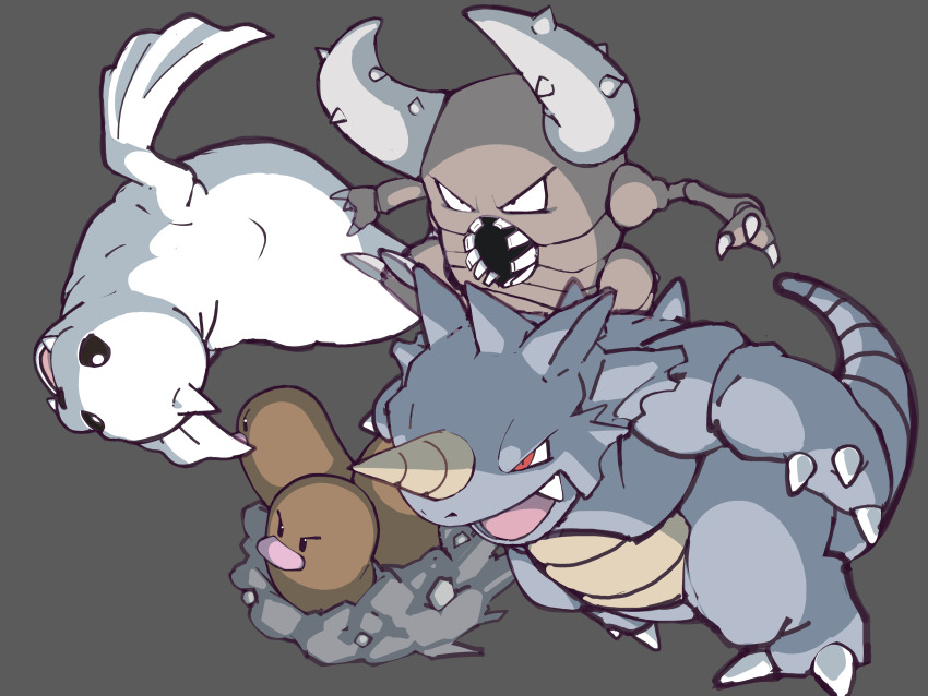 absurdres black_eyes bright_pupils claws commentary_request dewgong dugtrio fangs gen_1_pokemon highres nintendo no_humans open_mouth pinsir pokemon pokemon_(creature) pokemon_focus red_eyes rhydon tea_zatter white_pupils