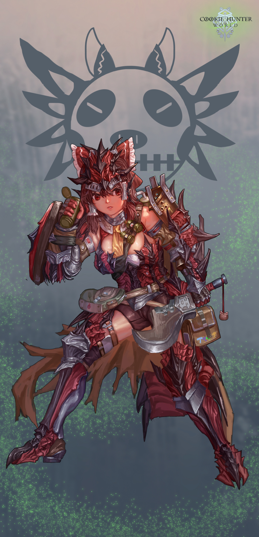 1girl :d absurdres armor armored_boots armpit_crease ascot backlighting bare_shoulders belt bike_shorts boots bow breasts brown_hair cameltoe charm_(object) closed_eyes cookie_(touhou) copyright_name d_tomoki dagger explosive frilled_bow frills gauntlets gloves grenade hair_between_eyes hair_bow hakurei_reimu helmet highres holding holding_dagger holding_knife holding_weapon knife large_breasts leg_armor looking_to_the_side medium_hair monster_hunter:_world monster_hunter_(series) open_mouth pouch rathalos_(armor) red_bow red_eyes red_gloves reu_(cookie) shield smile standing teeth thigh_strap touhou utility_belt weapon yellow_ascot |d