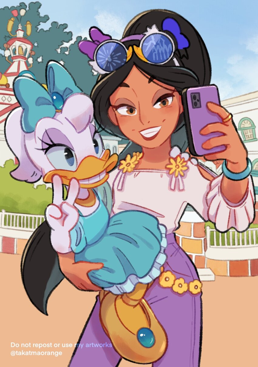 2girls aladdin_(movie) black_hair brown_eyes company_name daisy_duck disney disneyland duck_girl highres jasmine_(disney) looking_at_viewer multiple_girls open_mouth pants phone ponytail shirt short_ponytail sunglasses takatmaorange tan v
