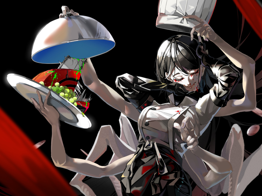 1girl absurdres blood blood_drip bloody_tears chainsaw_man chef chef_hat commentary denji_(chainsaw_man) disembodied_head extra_arms falling_devil_(chainsaw_man) food fruit grapes hat highres holding_detached_head long_arms merah_drow severed_head