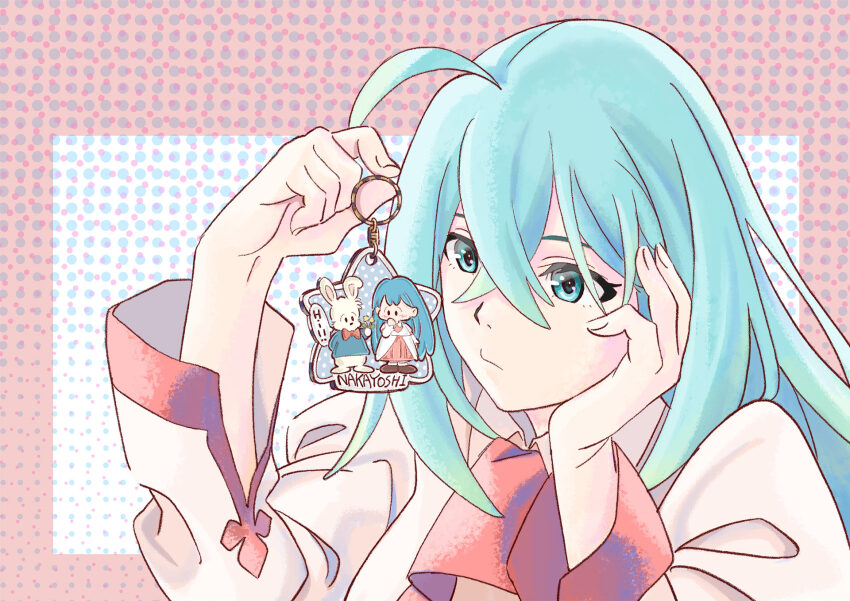 1girl ahoge android aqua_eyes aqua_hair ascot bow bowtie charm_(object) crossed_bangs dress ebisu_takuma hair_between_eyes hand_on_own_cheek hand_on_own_face highres holding holding_charm long_hair long_sleeves looking_at_object official_art pink_background rabbit red_ascot red_dress second-party_source simple_background solo speech_bubble star_charm vivy vivy:_fluorite_eye&#039;s_song white_background