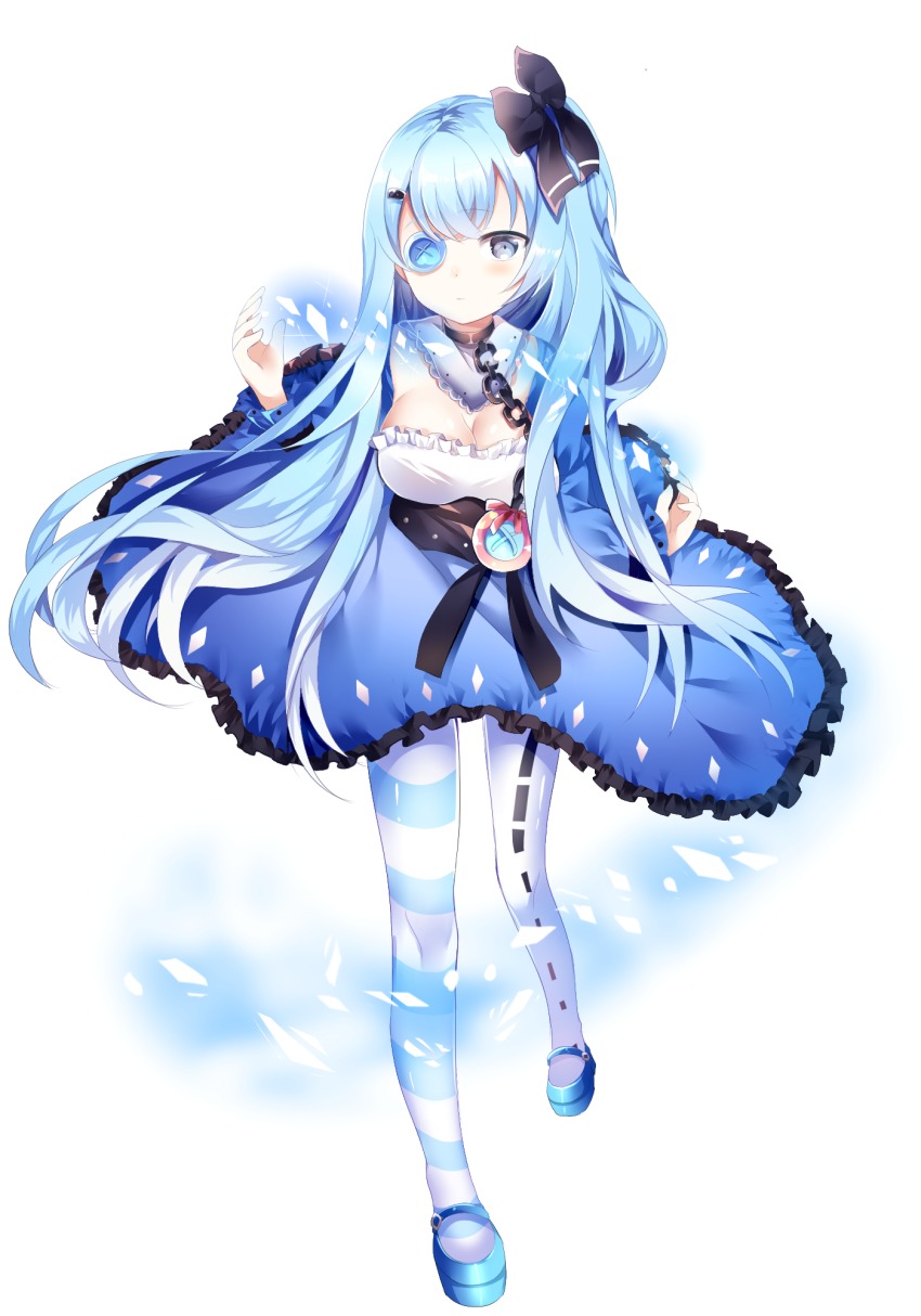 1girl black_bow blue_hair blue_thighhighs blush bow breasts cleavage closed_mouth female_focus full_body grey_eyes hair_bow highres large_breasts looking_at_viewer original shu_(pjxv7485) solo striped_clothes striped_thighhighs thighhighs white_thighhighs