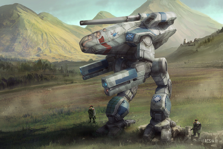 2012 4boys anthony_scroggins_(shimmering_sword) assault_rifle bagpipes battletech beret building camouflage cannon commission dated energy_gun grass gun hat hill instrument male_focus marauder_(battletech) mecha mecha_focus mountain mountainous_horizon multiple_boys nose_art realistic rifle robot rocket_launcher roundel science_fiction scotland scottish_flag signature skirt soldier tree tunic walker_(robot) weapon