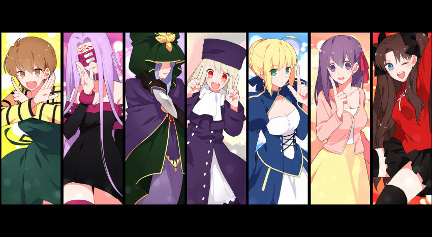 6+girls ahoge apron artoria_pendragon_(fate) black_legwear blonde_hair blouse blue_eyes breasts brown_eyes brown_hair cleavage cloak collar countdown dress fate/stay_night fate_(series) fujimura_taiga fur_hat green_eyes gum_(gmng) hat highres illyasviel_von_einzbern index_finger_raised mask matou_sakura medea_(caster)_(fate) medea_(fate) medusa_(fate) medusa_(rider)_(fate) multiple_girls one_eye_closed open_mouth papakha purple_eyes purple_hair purple_hat red_eyes saber_(fate) shirt short_hair skirt smile striped_clothes striped_shirt thighhighs tohsaka_rin twintails zettai_ryouiki
