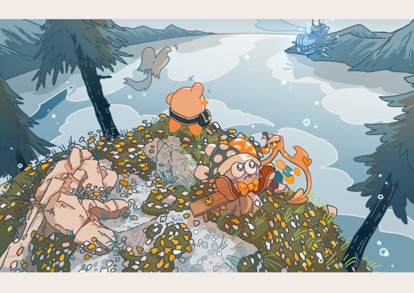 absurdres arm_up black_eyes blush_stickers bright_pupils elfilin floating flower glef_life highres horizon kirby kirby&#039;s_return_to_dream_land kirby_(series) kirby_and_the_forgotten_land large_ears lor_starcutter marx_(kirby) nintendo no_humans outdoors sitting standing tail water waving white_pupils