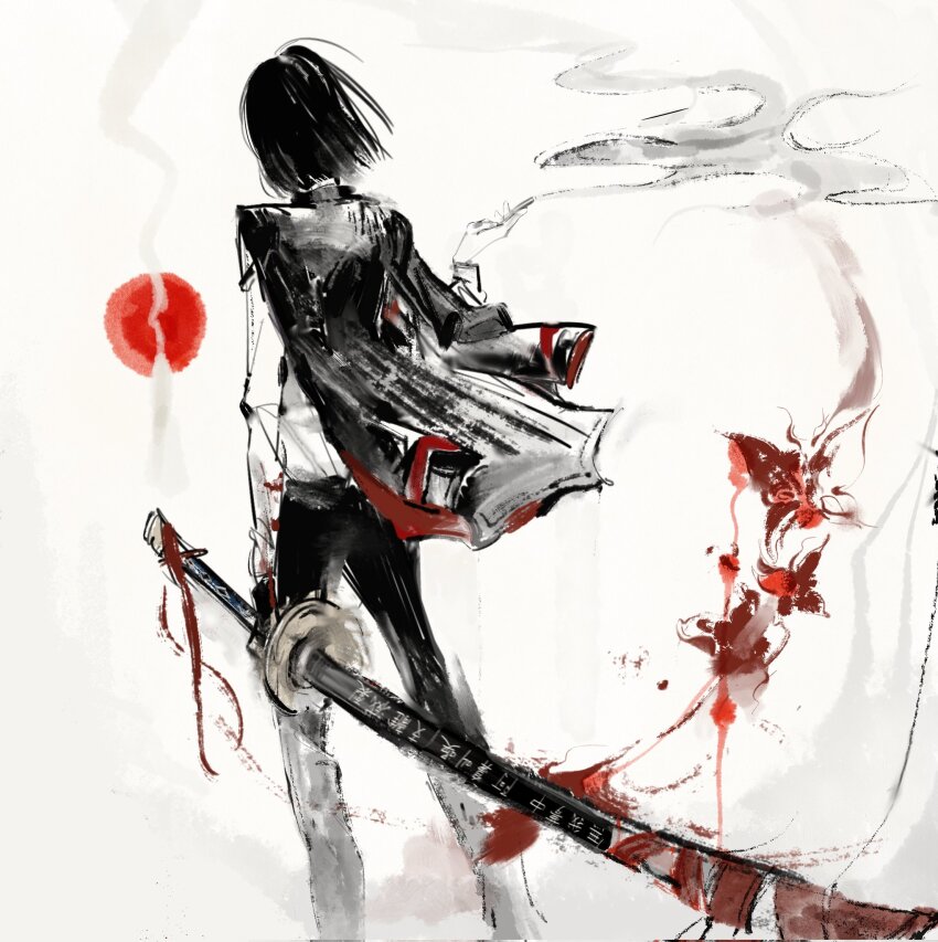 1girl black_hair black_jacket black_pants bob_cut bug butterfly highres insect jacket jacket_on_shoulders limbus_company long_sleeves ootachi pants project_moon red_butterfly red_sun ryoshu_(project_moon) shirt short_hair solo taoer. white_shirt