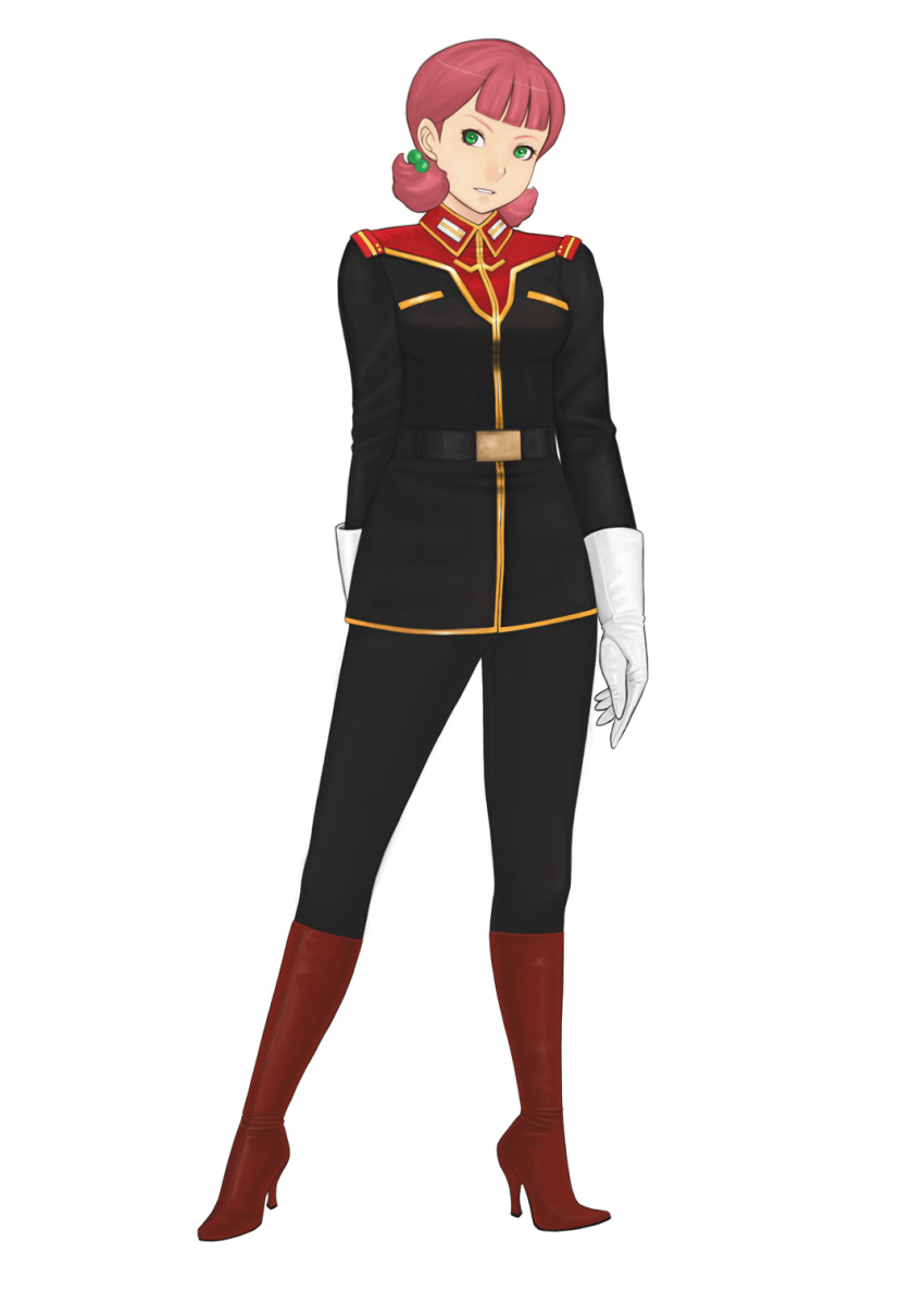 1girl boots green_eyes gundam high_heel_boots high_heels highres komii military military_uniform pink_hair sarah_zabiarov short_hair thigh_boots thighhighs zeta_gundam