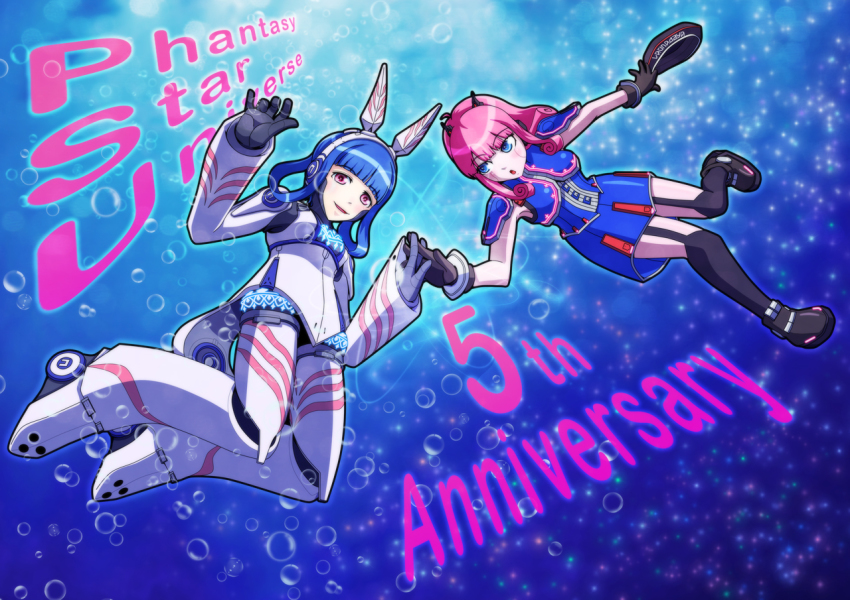 2girls :o afloat alfa_system android anniversary black_gloves black_legwear blue_background blue_eyes blue_hair blue_skirt blunt_bangs blush bubble copyright_name crossover english_text full_body garter_straps gloves hair_rings hairband hat unworn_hat unworn_headwear holding_hands light_smile looking_at_another looking_down lou lou_(phantasy_star) multiple_girls phantasy_star phantasy_star_portable phantasy_star_universe pink_eyes pink_hair robot_ears shoes short_hair shoulder_pads skirt sleeveless syo_amabane text_focus thighhighs underwater vivienne_(phantasy_star) water