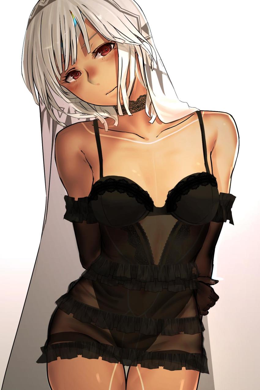 1girl altera_(fate) bare_legs bare_shoulders black_dress breasts choker closed_mouth commentary_request cowboy_shot dark-skinned_female dark_skin detached_sleeves dress fate/grand_order fate_(series) female_focus frills full-body_tattoo gradient_background headdress highres i-pan lingerie red_eyes short_hair small_breasts solo strap tan tattoo underwear veil white_hair