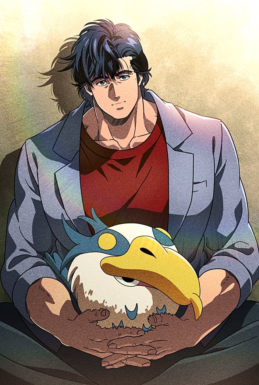 1boy animal black_eyes black_hair black_pants blue_jacket breast_pocket character_request city_hunter closed_mouth collarbone commentary_request drop_shadow fingernails highres holding holding_animal indian_style jacket kimitachi_wa_dou_ikiru_ka looking_at_viewer male_focus muscular muscular_male pants pocket red_shirt saeba_ryou shirt short_hair sitting three-quarter_sleeves yuu_(masarunomori)