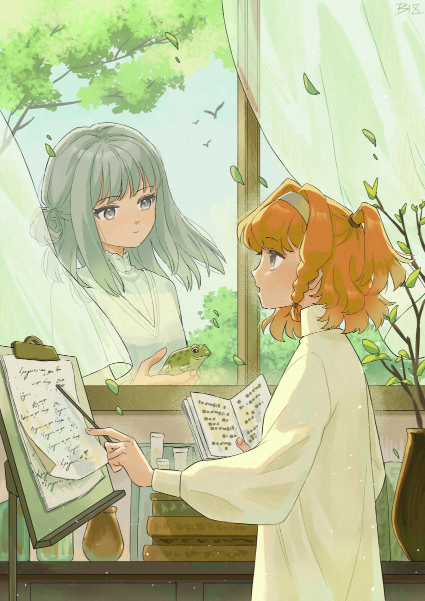 2girls aged_down animal bei_18 blue_sky book book_stack child curtains day dress falling_leaves frog from_inside grey_eyes grey_hair hair_bun hairband hand_up highres holding holding_animal holding_notebook holding_stick leaf long_sleeves looking_at_another looking_inside medium_hair multiple_girls music_stand notebook orange_hair parted_lips plant potted_plant profile puffy_long_sleeves puffy_sleeves reverse:1999 see-through_curtains single_side_bun sky sonetto_(reverse:1999) stick tree two_side_up upper_body vertin_(reverse:1999) white_dress white_hairband window