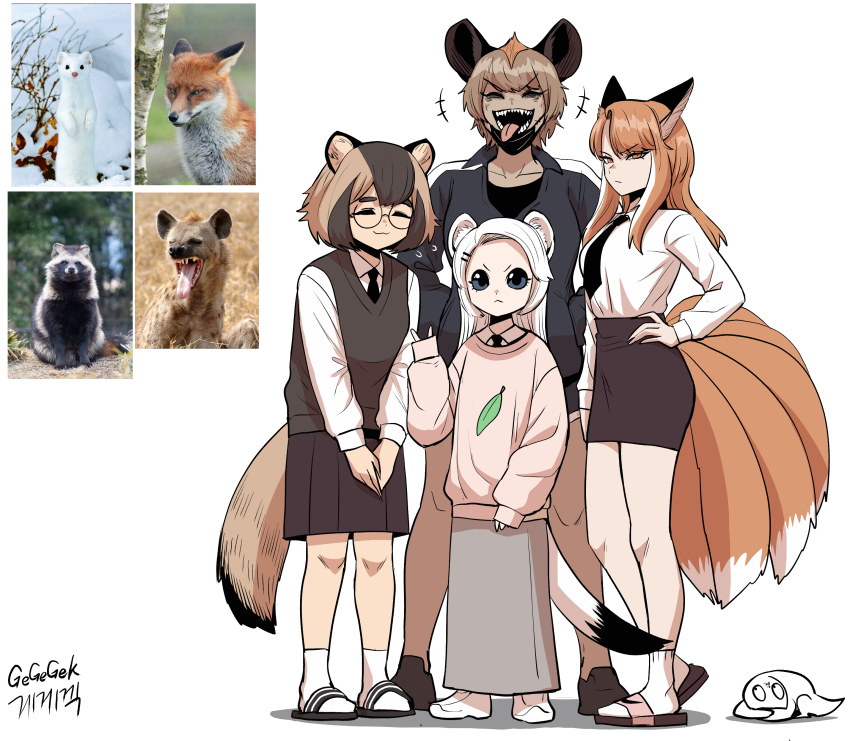 4girls absurdres animal_ears artist_self-insert black_necktie black_shirt brown_eyes closed_eyes collarbone collared_jacket collared_shirt creature_and_personification flip-flops flying_sweatdrops fox fox_tail full_body gegegekman glasses hair_ornament hairclip hand_on_own_hip highres hyena hyena_ears jacket laughing long_hair long_skirt long_sleeves looking_at_viewer mask mouth_mask multicolored_hair multiple_girls multiple_tails necktie orange_eyes original personification photo_inset raccoon_ears sandals school_uniform sharp_teeth shirt signature skirt sleeves_past_wrists socks tail tanuki teeth tongue tongue_out v v-shaped_eyebrows weasel weasel_ears weasel_tail white_background white_socks