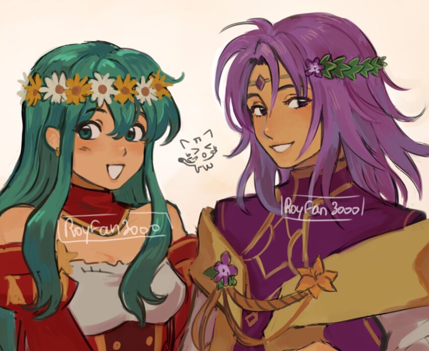 1boy 1girl :d artist_name bare_shoulders blue_eyes blue_hair circlet dress eirika_(fire_emblem) eirika_(valentine)_(fire_emblem) fire_emblem fire_emblem:_the_sacred_stones fire_emblem_heroes flower hair_between_eyes hair_flower hair_ornament highres long_hair lyon_(fire_emblem) lyon_(valentine)_(fire_emblem) medium_hair nintendo official_alternate_costume open_mouth purple_hair purple_rope red_dress rope royfan3000 smile upper_body